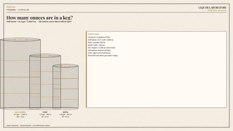 Lab-journal keg lineup: a US half-barrel holds 1,984 fluid ounces, a pony 992, a sixtel 661.