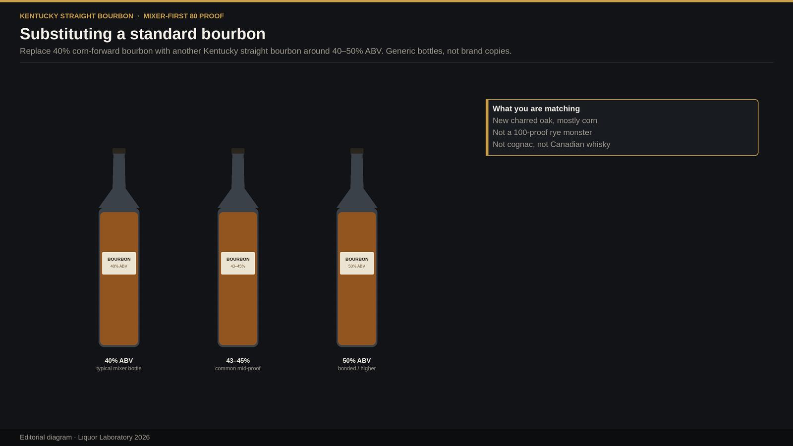 Three generic bourbon bottles labeled 40%, 43–45%, and 50% ABV as Kentucky straight bourbon substitutes.